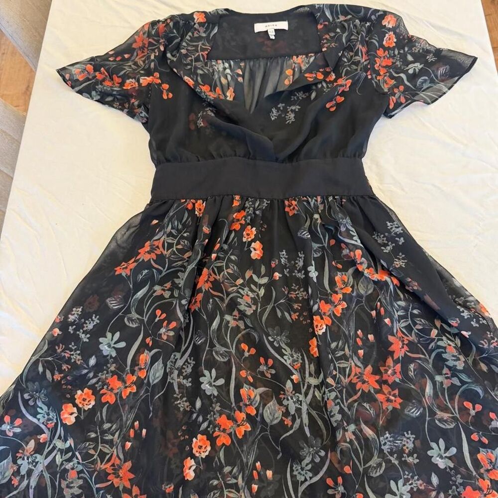 REISS Womens US 6 Black Floral Chiffon Flutter Sleeve Fitted Waist Dress